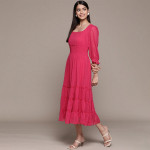Fuchsia Solid Chiffon Smocked Tiered Midi Dress