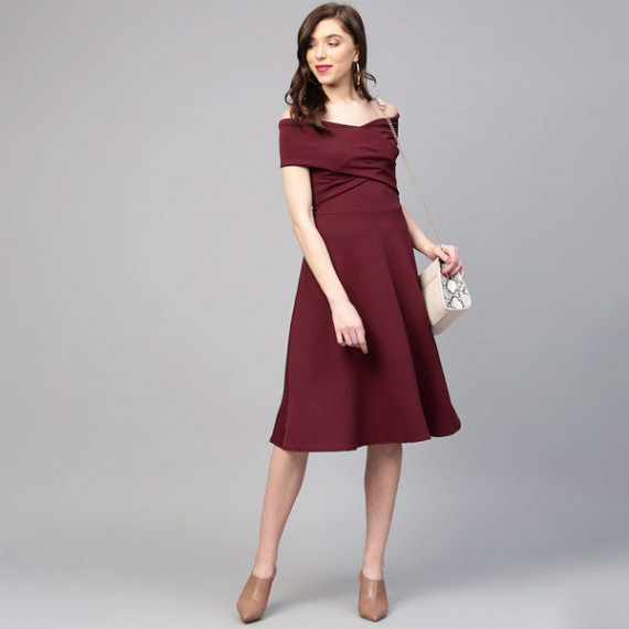 https://www.shop-ally.in/products/burgundy-off-shoulder-pleated-fit-flare-dress