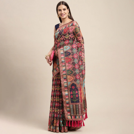https://www.shop-ally.in/products/peach-coloured-multicoloured-kalamkari-sequinned-linen-blend-block-print-saree